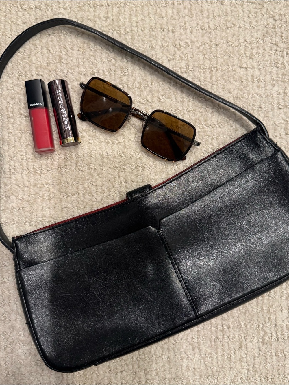 Supple black leather East-West Alfani brand shoulder bag - Picture 2 of 8